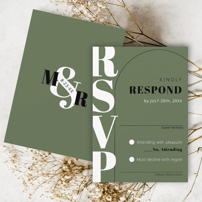 Carte RSVP de mariage d'arche et d'esperon vert fo (Classy arch matching olive green modern wedding invitation RSVP card ampersand monogram black white)