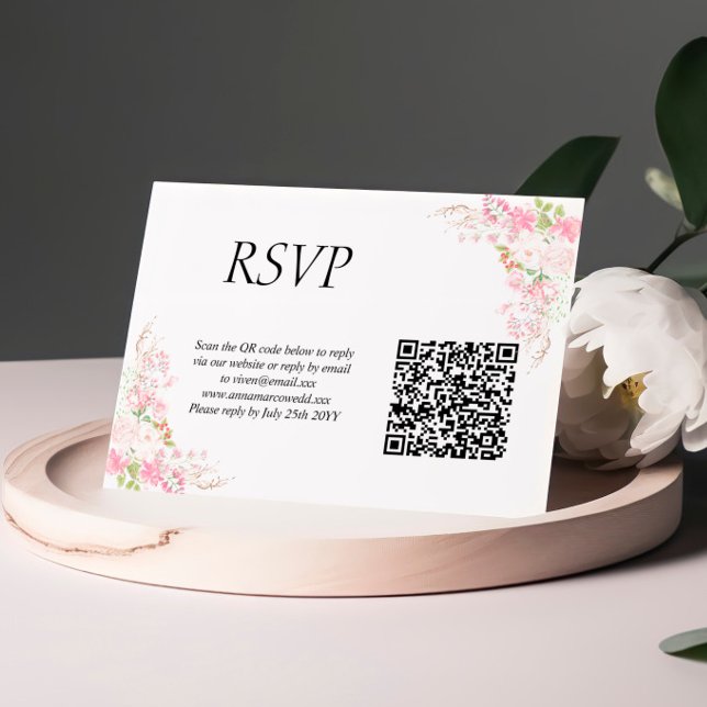 Carte RSVP de mariage de code QR de pinceau rose (Créateur téléchargé)
