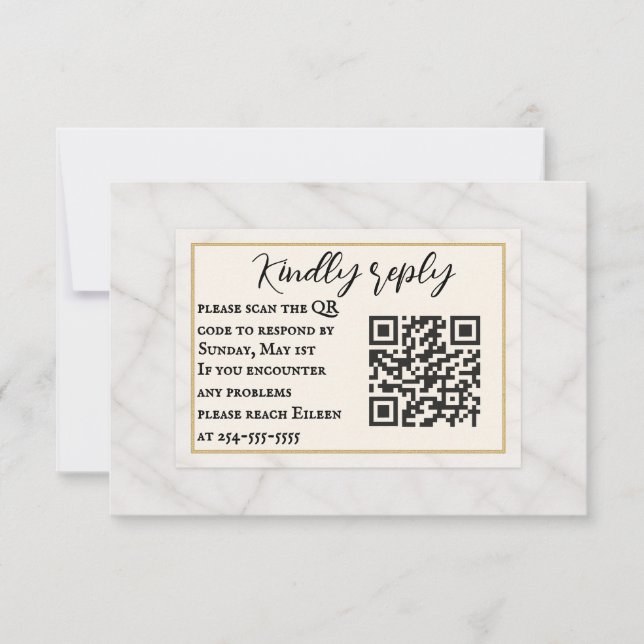 Carte RSVP de mariage de code QR Whisper en marbre (Devant)