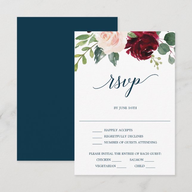 Carte RSVP de mariage de la marine de Bourgogne (Devant / Derrière)