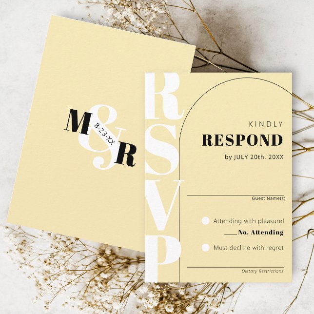 Carte RSVP de mariage de marionnette jaune moderne (Classy arch matching buttercup yellow wedding invitation RSVP card ampersand monogram black & white)