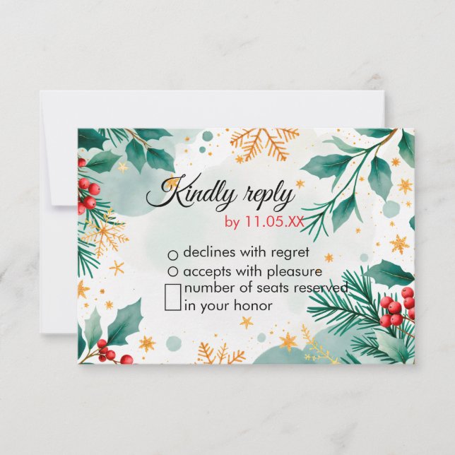 Carte RSVP de mariage de Noël en aquarelle - Holly (Devant)
