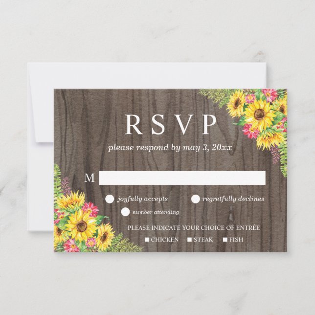 Carte RSVP de mariage de tournesol sur bois (Devant)