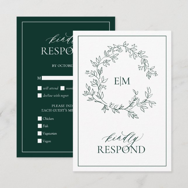 Carte RSVP de mariage Emerald Green Monogram (Devant / Derrière)
