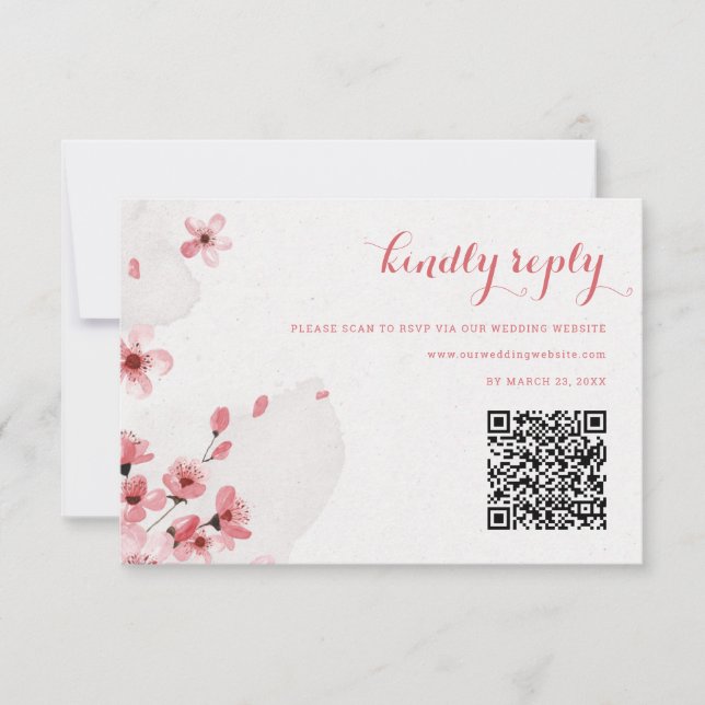 Carte RSVP de mariage en fleurs cerises QR Code (Devant)