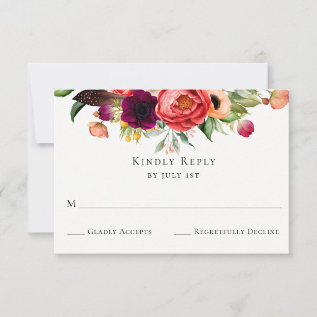 Carte RSVP de mariage en fleurs de Bohême (Devant)