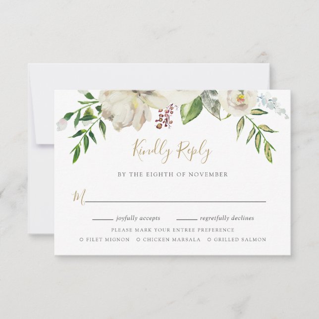 Carte RSVP de mariage en fleurs dorées avec choix  (Devant)