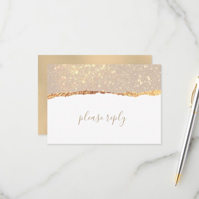 Carte RSVP de mariage en marbre blanc or (Devant/Arrière en situation)