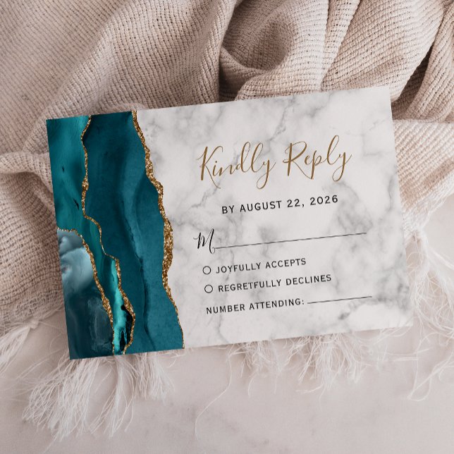 Carte RSVP de mariage en marbre Turquoise or moder (Créateur téléchargé)