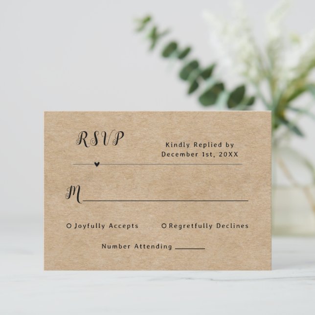 Carte RSVP de mariage en papier rustique (Debout devant)