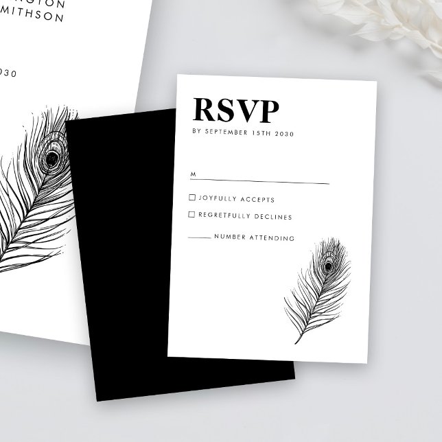 Carte RSVP de mariage en plume noire minimale (Créateur téléchargé)