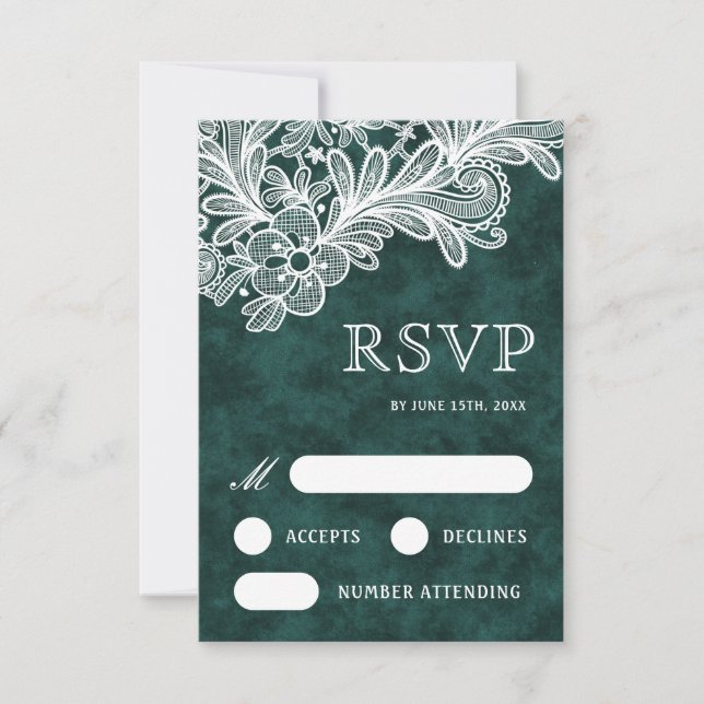 Carte RSVP de mariage en velours vert de dentelle  (Devant)