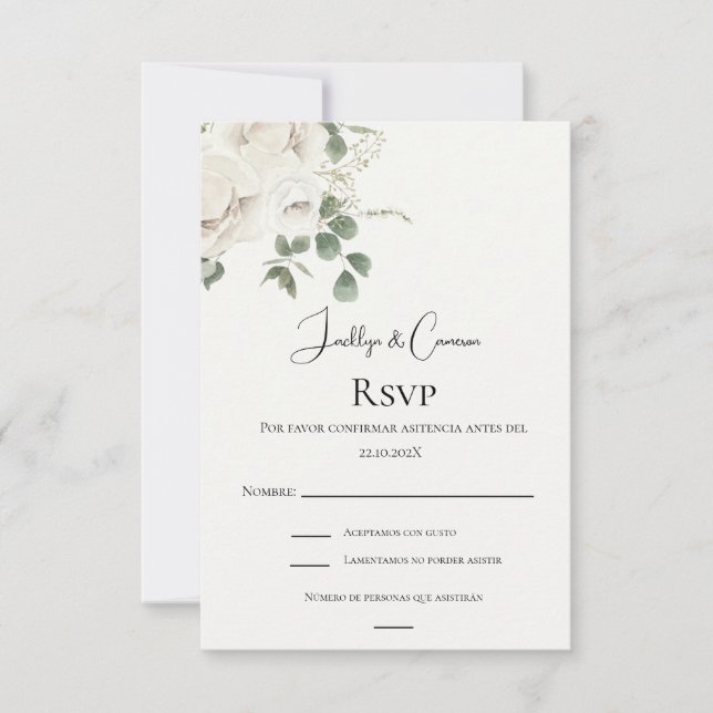 Carte RSVP de mariage espagnol floral blanc (Devant)