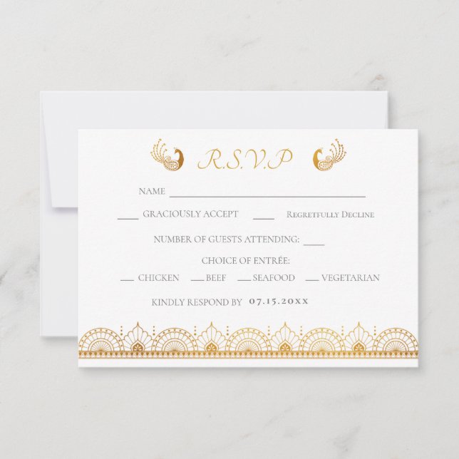 Carte RSVP de mariage ethnique Motif d'or indien (Devant)
