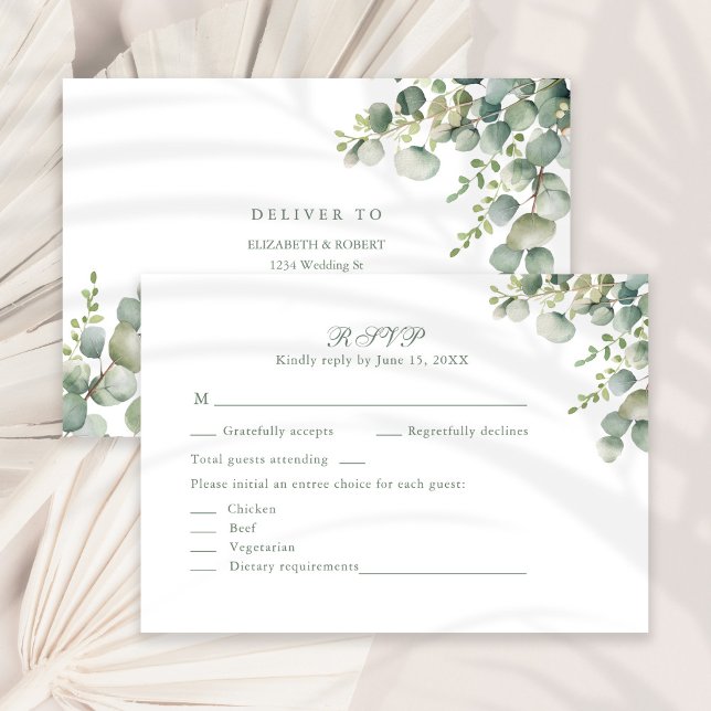 Carte RSVP de mariage Eucalyptus vert moderne (Modern Greenery Eucalyptus Wedding RSVP Card on a sunny neutral dry palm leaf.)