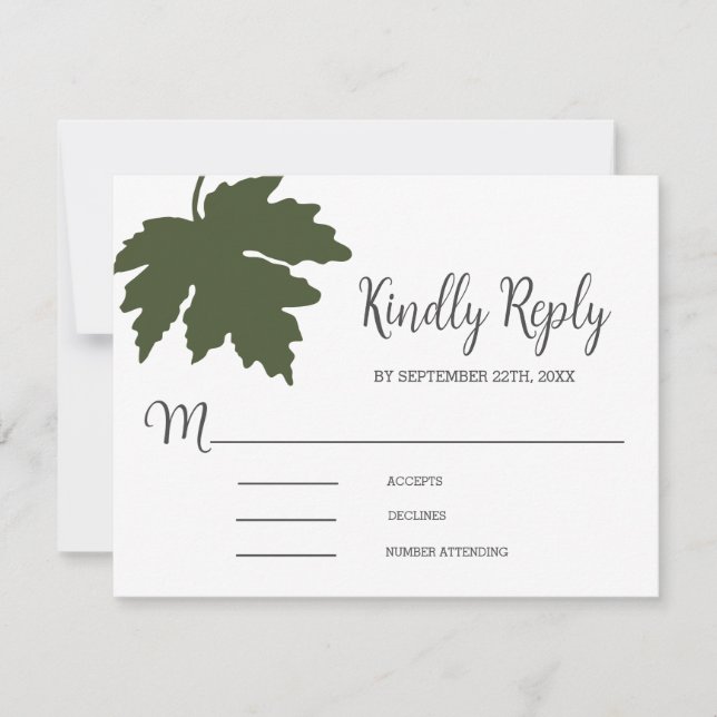 Carte RSVP de mariage feuille d'érable verte olive (Devant)