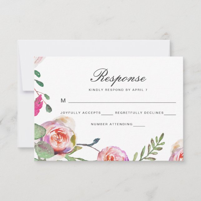 Carte Rsvp de mariage floral aquarelle en gris (Devant)