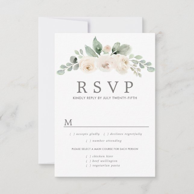 Carte RSVP de mariage floral blanc, options de rep (Devant)