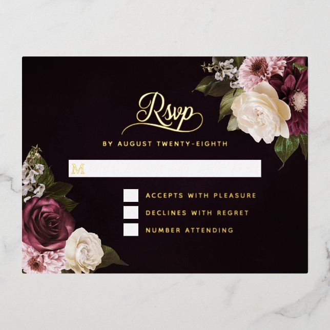 Carte RSVP de mariage floral foncé Moody (Recto)