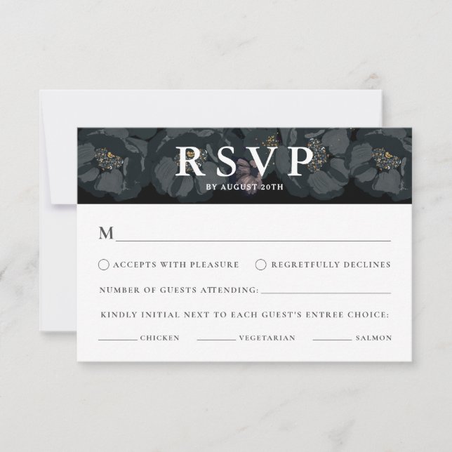 Carte RSVP de mariage floral noir et blanc (Devant)