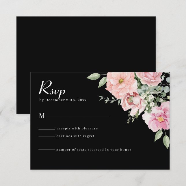 Carte RSVP de mariage floral noir et rose moderne (Devant / Derrière)