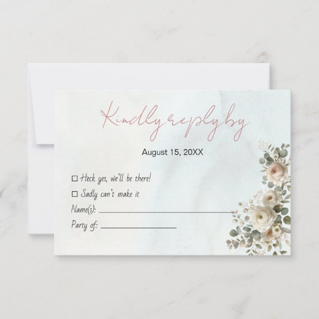 Carte RSVP de mariage floral romantique avec code  (Devant)