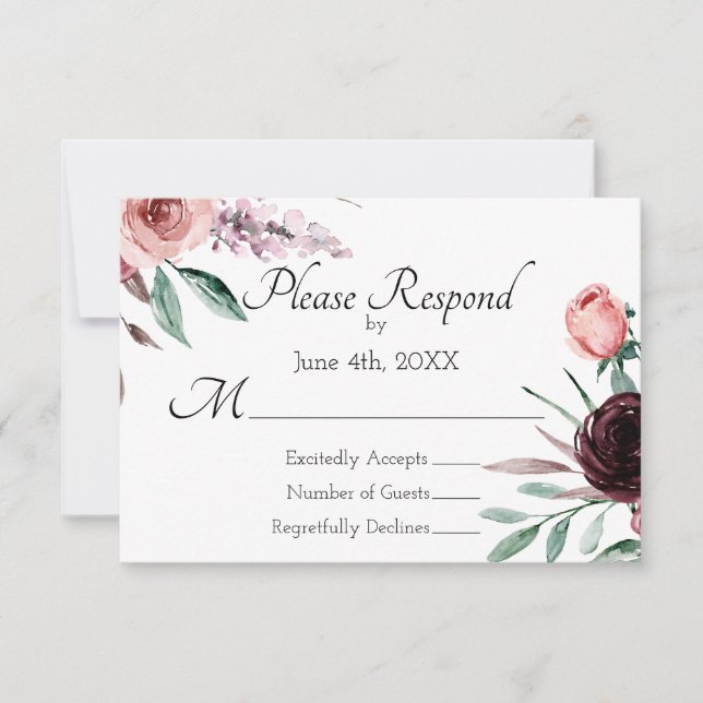 Carte RSVP de mariage floral rose bordeaux et bleu (Devant)