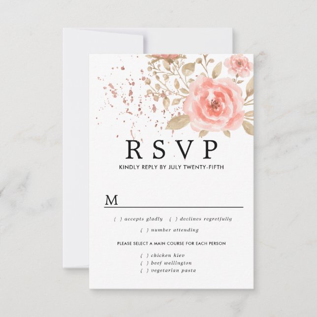 Carte RSVP de mariage floral rose, options de repa (Devant)