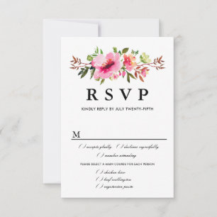 Carte RSVP de mariage floral rose, options de repa