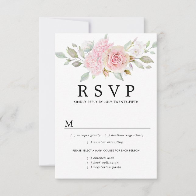 Carte RSVP de mariage floral rose, options de repa (Devant)