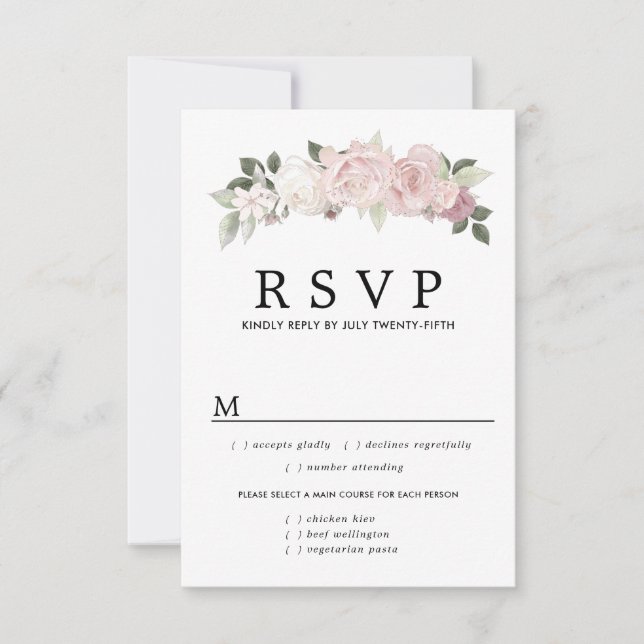 Carte RSVP de mariage floral rose, options de repa (Devant)