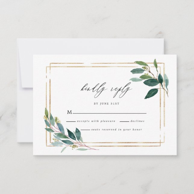 Carte RSVP de mariage Gold Eucalyptus Leaf (Devant)