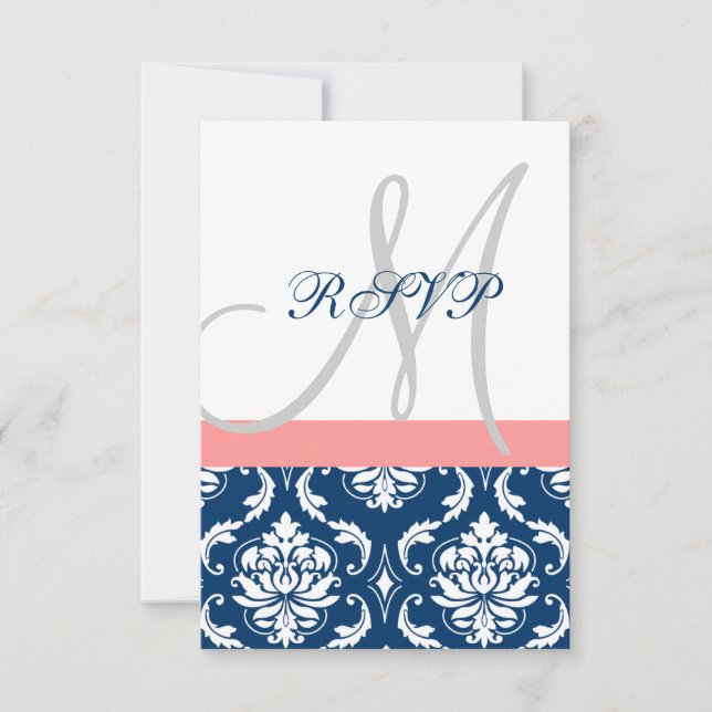 Carte RSVP de mariage initial pour corail bleu mar (Devant)