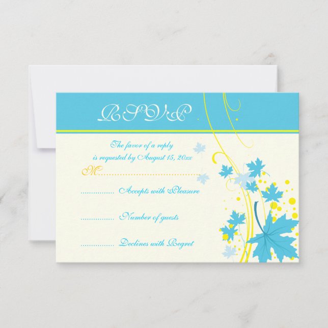 Carte RSVP de mariage jaune turquoise feuille d'ér (Devant)