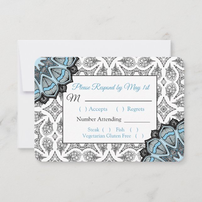 Carte RSVP de mariage Mandala noir et bleu (Devant)