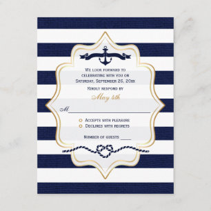 Carte RSVP de mariage   Marine, White Faux Burlap