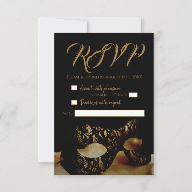 Carte RSVP de mariage Masque d'or (Devant)