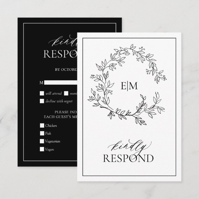 Carte RSVP de mariage Monogramme de crête noire bl (Devant / Derrière)