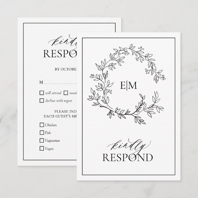 Carte RSVP de mariage Monogramme de crête noire bl (Devant / Derrière)
