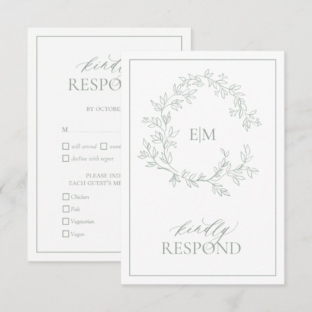 Carte RSVP de mariage Monogramme de crête verte Sa (Devant / Derrière)