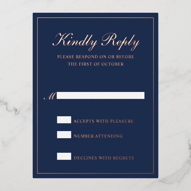 Carte RSVP de mariage officiel Rose bleu marine (Recto)