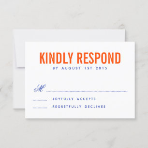 Carte RSVP de mariage Orange & Navy Modern Typogra
