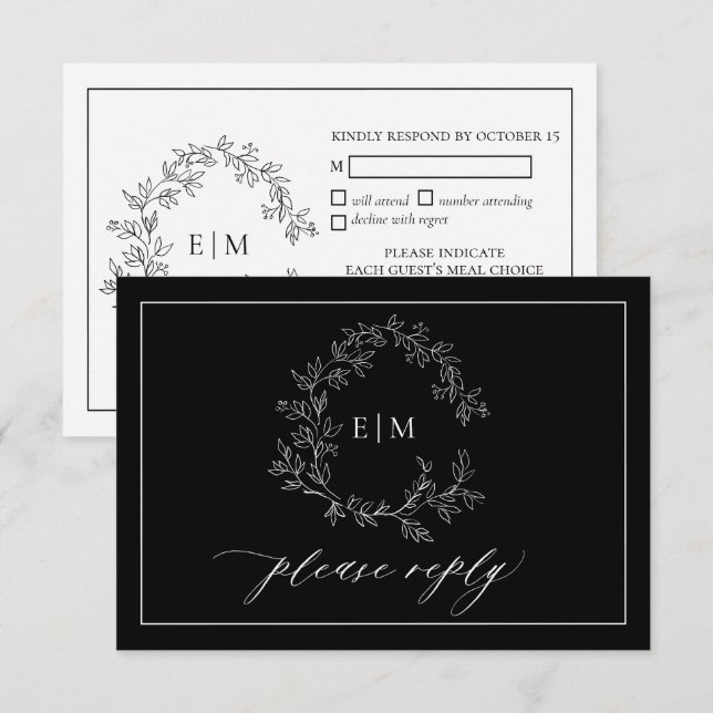 Carte RSVP de mariage pour monogramme blanc noir (Devant / Derrière)
