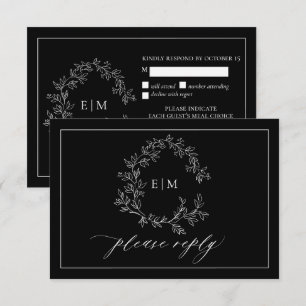 Carte RSVP de mariage pour monogramme blanc noir