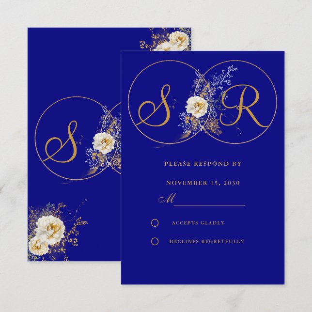 Carte RSVP de mariage pour monogramme or bleu mari (Devant / Derrière)