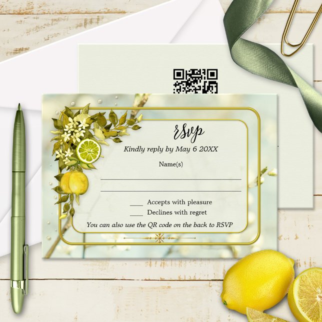 Carte RSVP de mariage pour verger d'agrumes d'aqua (Wedding RSVP card featuring a watercolor painting of lemon citrus fruits and leaves with flowers)