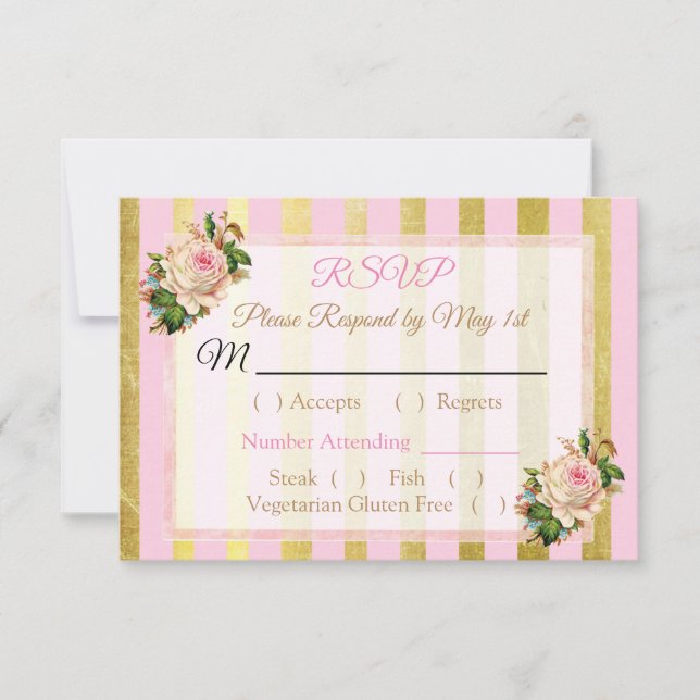 Carte RSVP de mariage rayé rose et or (Devant)