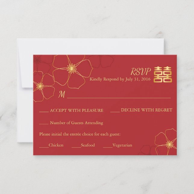 Carte RSVP de mariage Red & Gold Cherry Blossoms (Devant)
