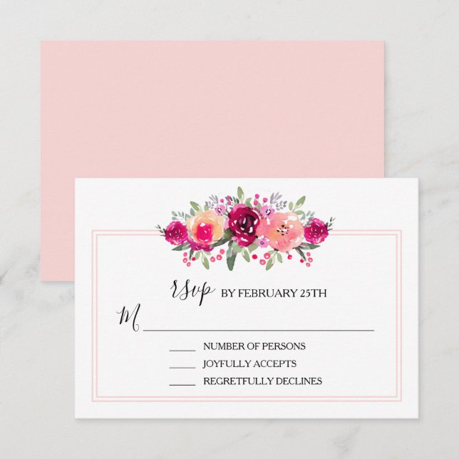 Carte RSVP de mariage rose aquarelle (Devant / Derrière)