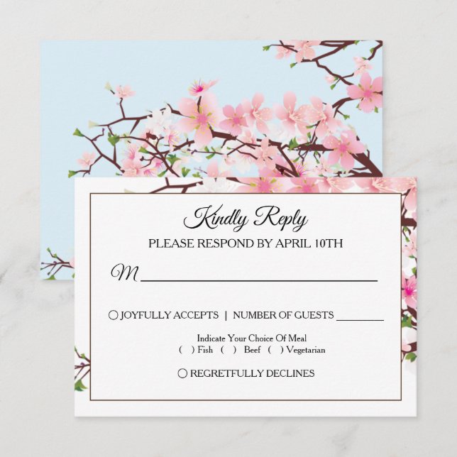 Carte RSVP de mariage rose cerise en fleurs (Devant / Derrière)